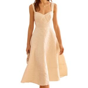 RIHOAS Cream Embossed Sweetheart Midi Dress